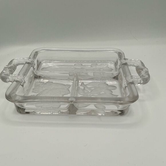 MCM Intaglio 1940's Vintage Clear & Frosted Glass Serving Divided Tray Handles - Picture 4 of 5